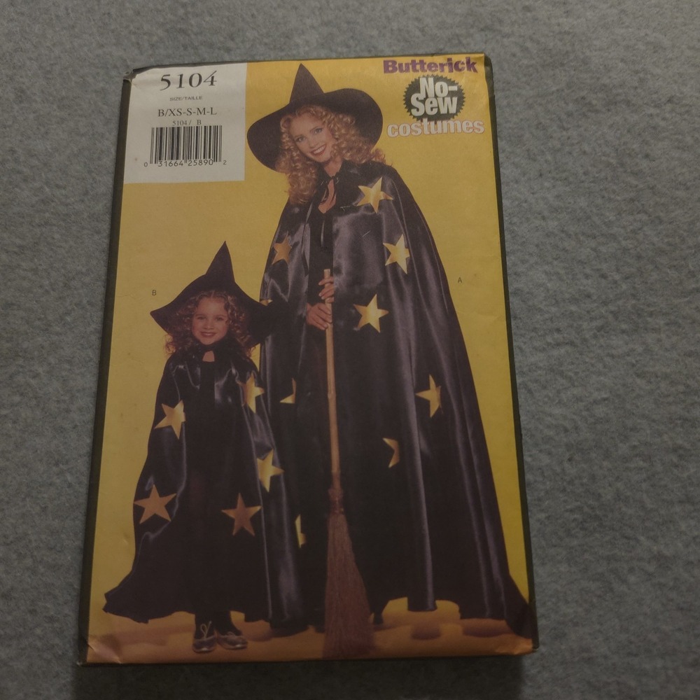 Butterick 5104 No-Sew Witch Costume Pattern Adult & Child Sizes XS-L Uncut 1997